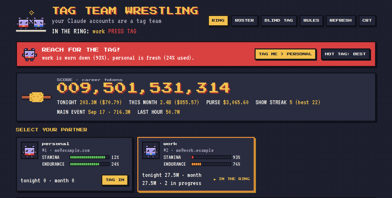 The ring: a TAG ME banner, the career score, two partners with stamina life bars, and a year of match history as a heatmap